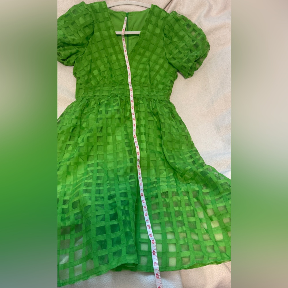 Green Organza Grid Dress Puff Sleeve V-Neck Size M - Picture 7 of 7